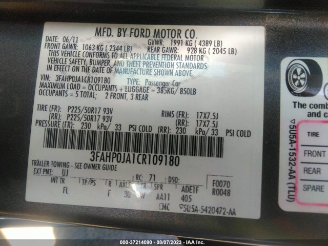 2012 FORD FUSION SEL VIN: 3FAHP0JA1CR109180