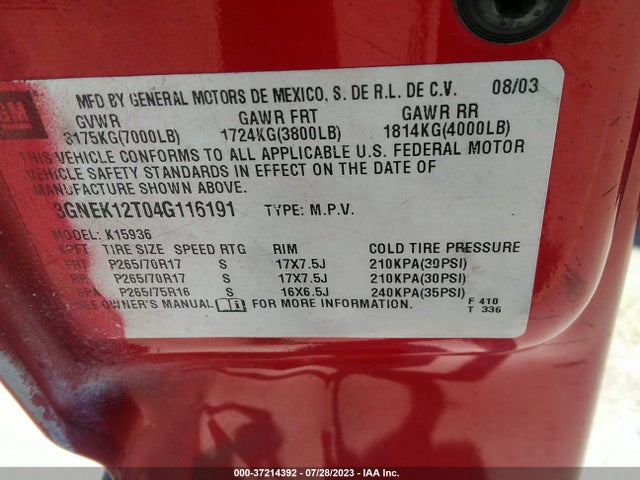 2004 CHEVROLET AVALANCHE Z71 VIN: 3GNEK12T04G116191