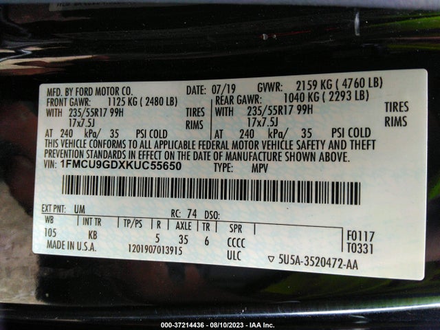 2019 FORD ESCAPE SE VIN: 1FMCU9GDXKUC55650