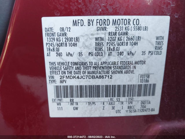 2013 FORD EDGE SEL VIN: 2FMDK4JC7DBA86712