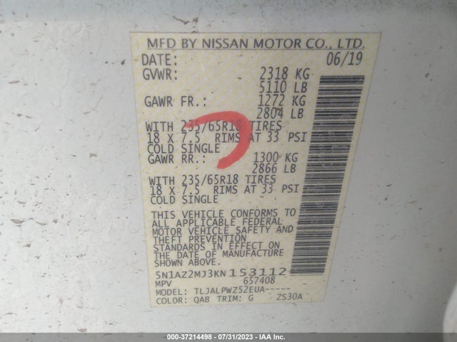 Nissan MURANO S 2019 5N1AZ2MJ3KN153112 Image 9