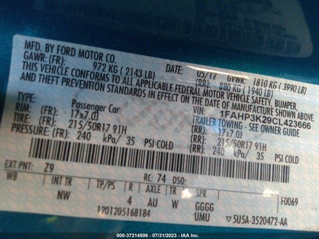 2012 FORD FOCUS SE VIN: 1FAHP3K29CL423666