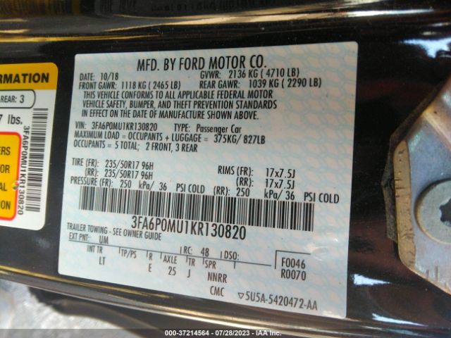 3FA6P0MU1KR130820 Ford Fusion Hybrid Sel