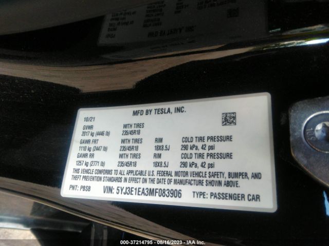 5YJ3E1EA3MF083906 Tesla Model 3 Standard Range Plus