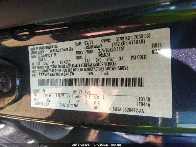 1FTFW1E87MFA54170 Ford F-150 Xl/xlt/lariat