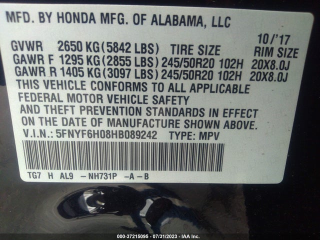 Honda Pilot Elite 2017 5FNYF6H08HB089242 Image 9