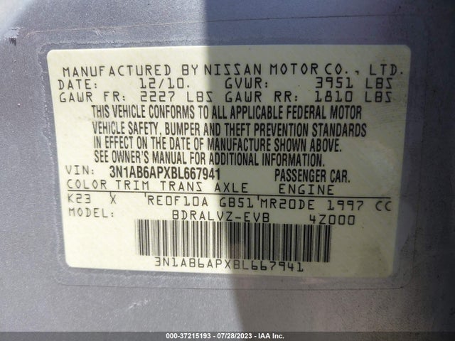 2011 NISSAN SENTRA 2.0 SL VIN: 3N1AB6APXBL667941
