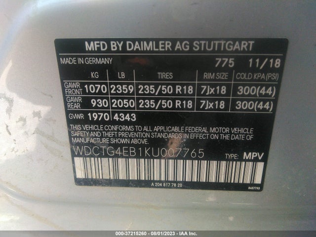 WDCTG4EB1KU007765 Mercedes-Benz Gla Gla 250