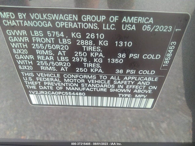1V2JR2CA0PC554480 Volkswagen Atlas 3.6l V6 Se W/technology