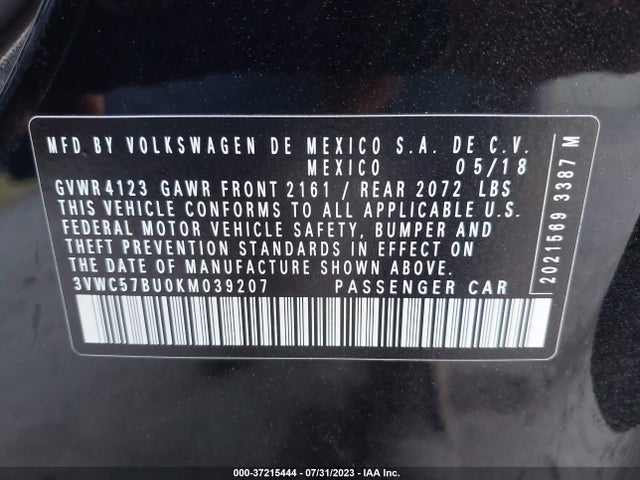3VWC57BU0KM039207 Volkswagen Jetta S/se/r-line