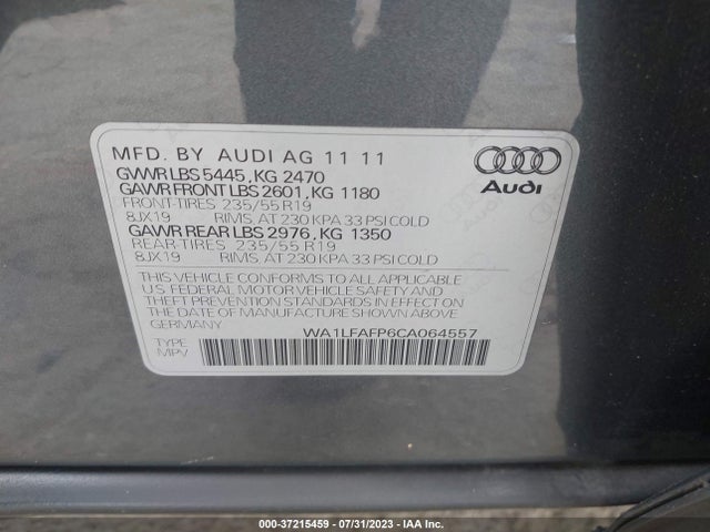 2012 AUDI Q5 2.0T PREMIUM PLUS VIN: WA1LFAFP6CA064557