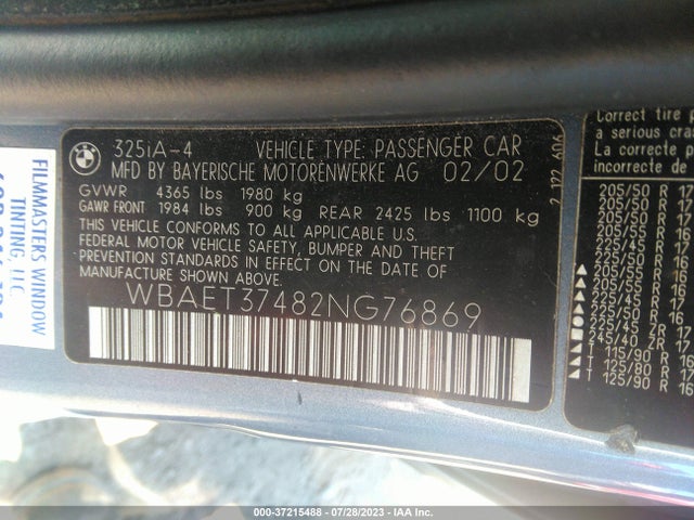 2002 BMW 3 SERIES 325I VIN: WBAET37482NG76869