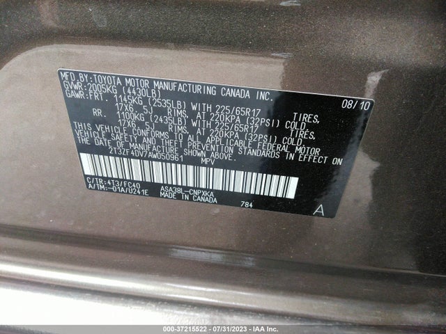 2010 TOYOTA RAV4 VIN: 2T3ZF4DV7AW050961
