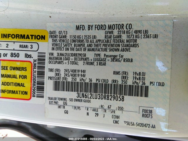 2013 LINCOLN MKZ HYBRID VIN: 3LN6L2LU3DR829058