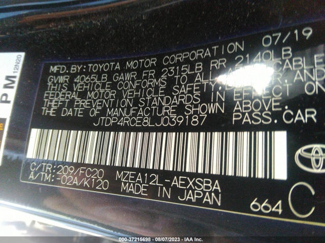 2020 TOYOTA COROLLA SE VIN: JTDP4RCE8LJ039187