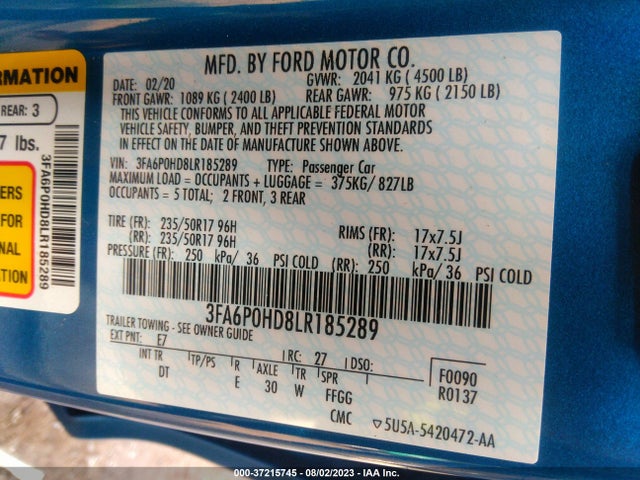 2020 FORD FUSION SE VIN: 3FA6P0HD8LR185289