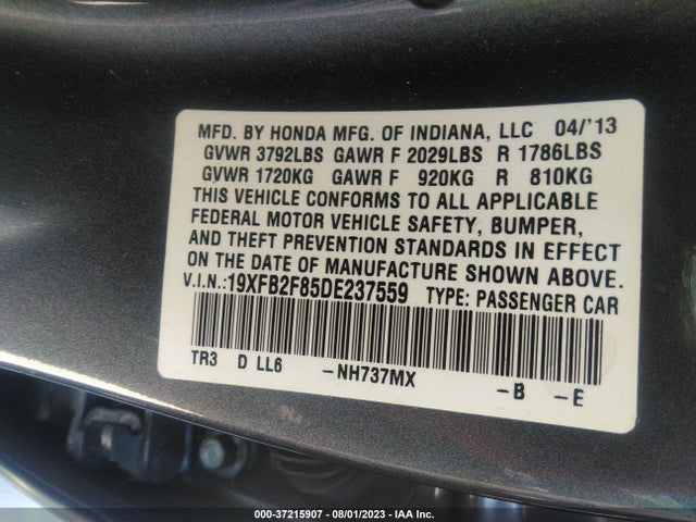 2013 HONDA CIVIC SDN EX VIN: 19XFB2F85DE237559