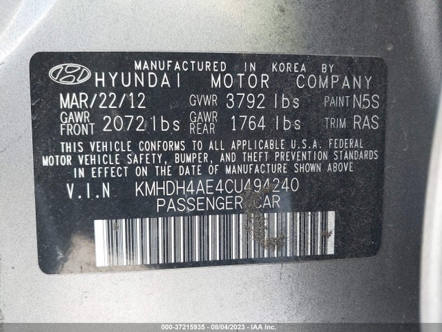 2012 HYUNDAI ELANTRA LIMITED PZEV VIN: KMHDH4AE4CU494240