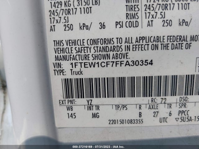 2015 FORD F-150 XL/LARIAT VIN: 1FTEW1CF7FFA30354