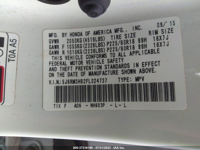 Honda Cr-v Touring 2015 5J6RM3H92FL024737 Image 9