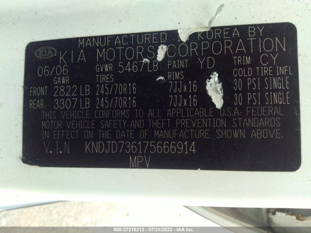 2007 KIA SORENTO EX VIN: KNDJD736175666914