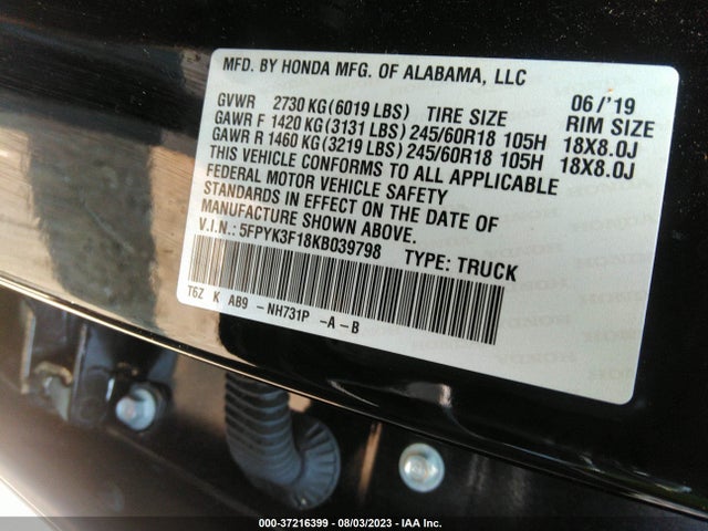 Honda Ridgeline Sport 2019 5FPYK3F18KB039798 Image 9
