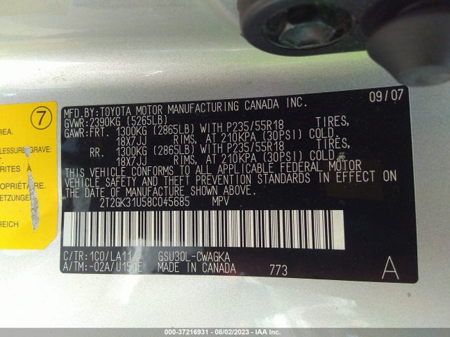 2008 LEXUS RX 350 VIN: 2T2GK31U58C045685