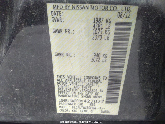 2013 NISSAN ALTIMA 3.5 SV VIN: 1N4BL3AP0DN427027