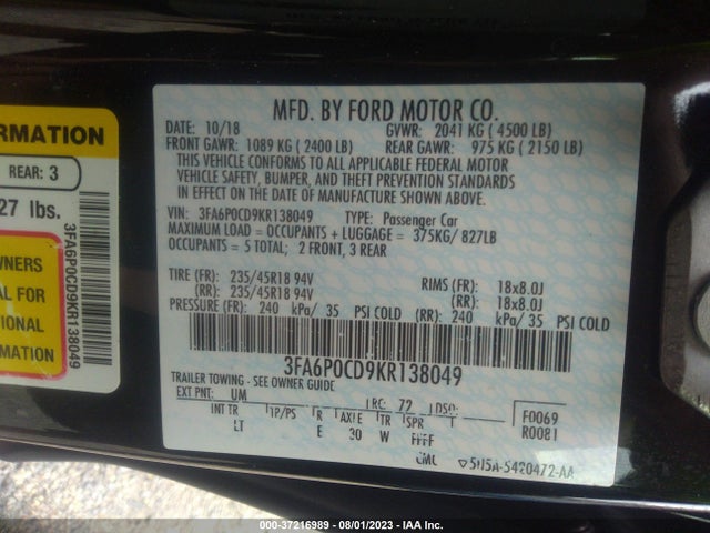 2019 FORD FUSION SEL VIN: 3FA6P0CD9KR138049