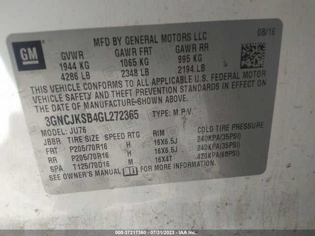 Chevrolet Trax 1ls 2016 3GNCJKSB4GL272365 Image 9