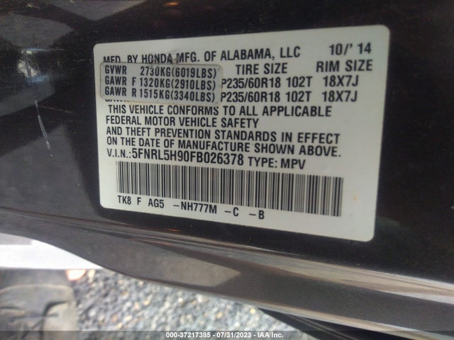 Honda Odyssey Touring 2015 5FNRL5H90FB026378 Image 16