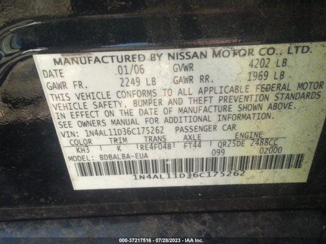 2006 NISSAN ALTIMA 2.5 S VIN: 1N4AL11D36C175262