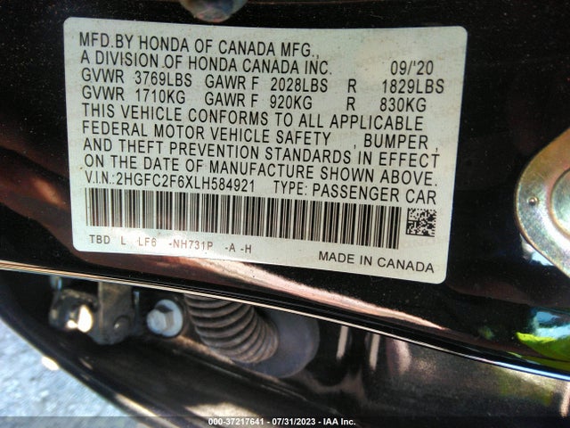 2020 HONDA CIVIC SEDAN LX VIN: 2HGFC2F6XLH584921