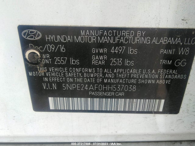 Hyundai Sonata 2.4l 2017 5NPE24AF0HH537038 Image 10