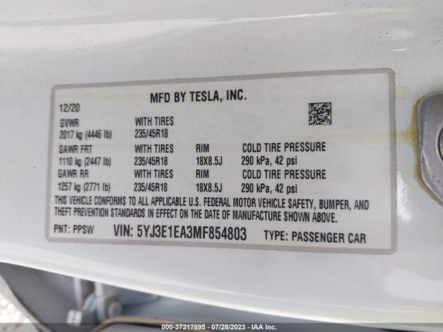 2021 Tesla 3, VIN: 5YJ3E1EA3MF854803