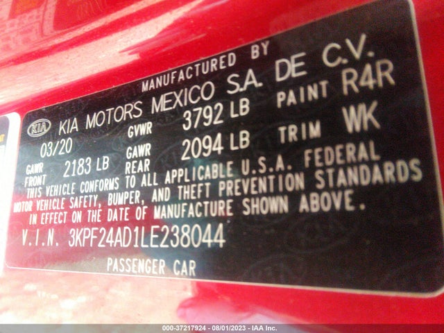 2020 KIA FORTE LXS VIN: 3KPF24AD1LE238044