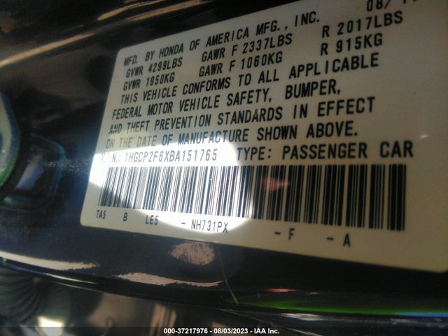 37217976 :رقم المزاد ، 1HGCP2F6XBA151765 vin ، 2011 Honda Accord Sdn Se مزاد بيع