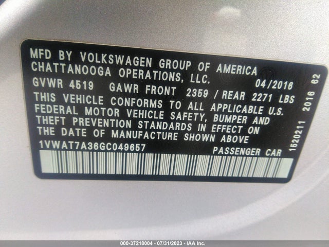1VWAT7A36GC049657 Volkswagen Passat 1.8t S