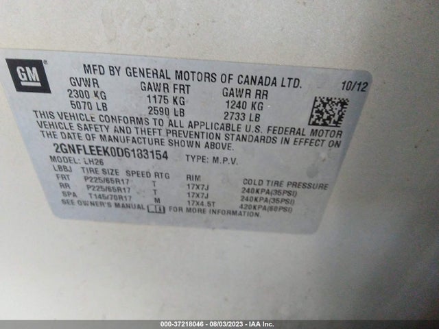 2013 CHEVROLET EQUINOX LT VIN: 2GNFLEEK0D6183154