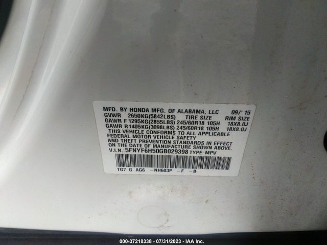 Honda Pilot Ex-l 2016 5FNYF6H50GB029398 Image 9