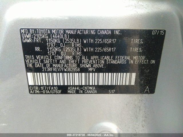Toyota Rav4 Xle 2015 2T3RFREV7FW362958 Image 9