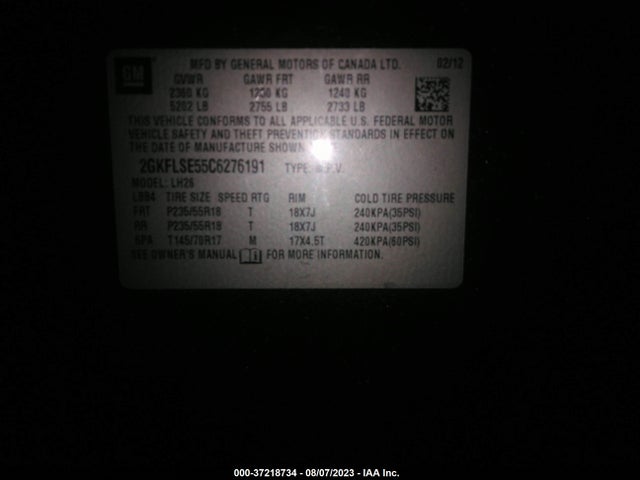 2012 GMC TERRAIN SLE-2 VIN: 2GKFLSE55C6276191