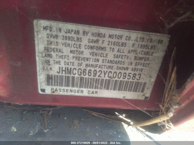 2000 HONDA ACCORD SDN SE VIN: JHMCG6692YC009583