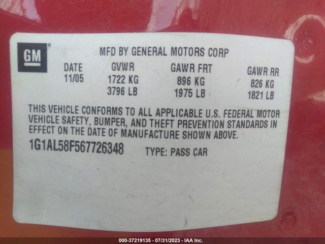 2006 CHEVROLET COBALT LT VIN: 1G1AL58F567726348