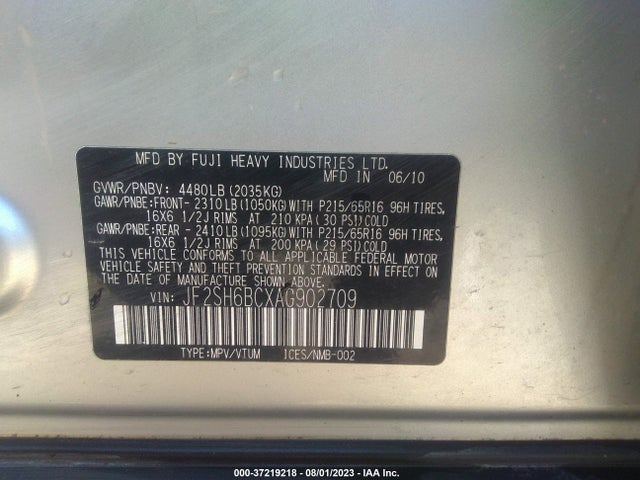 2010 SUBARU FORESTER 2.5X VIN: JF2SH6BCXAG902709