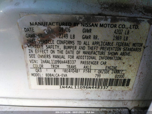 2006 NISSAN ALTIMA 2.5 VIN: 1N4AL11D96N448337
