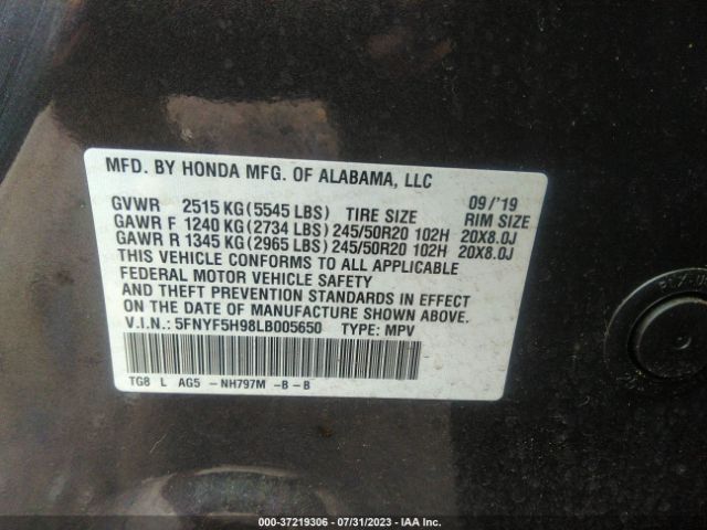 5FNYF5H98LB005650 Honda Pilot Touring 8-passenger