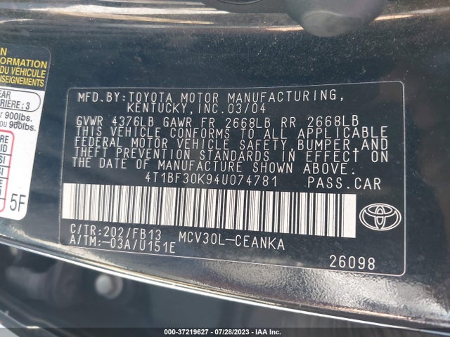 37219627 :رقم المزاد ، 4T1BF30K94U074781 vin ، 2004 Toyota Camry Le/xle مزاد بيع