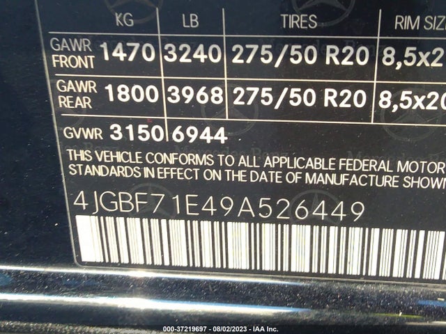 2009 MERCEDES-BENZ GL-CLASS 4.6L VIN: 4JGBF71E49A526449