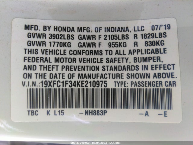 Honda Civic Sedan Ex 2019 19XFC1F34KE210975 Image 9